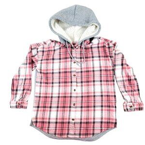Flannel Shirt Jacket Shacket Juniors Girls Large 11-13 Red White Plaid  JH1313